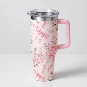 Pink Floral Bow 30oz Tumbler with Handle, Insulated Stainless Steel Cup for Women, Mom & Teacher, Clear Sliding Lid Travel Mug for Iced Coffee, Water & Daily Use european bottles