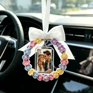 Custom Photo Car Charm Rearview Mirror Hanger, Handmade Crochet Flower Wreath Car Ornament with Picture Frame, Personalized Cute Car Accessories for Women, Aesthetic Car Decor Gift for Couple, New Driver, Friend