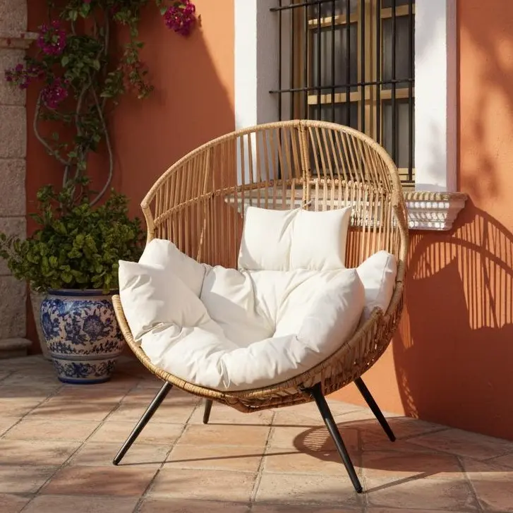 Walsunny Outdoor & IndoorWicker Egg Chair, 450Lbs Rocking Chair Load Capacity Open Wicker Rattan Patio Chair, Oversized Lounger Chair with Cushion Basket for Bedroom, Balcony, Backyard