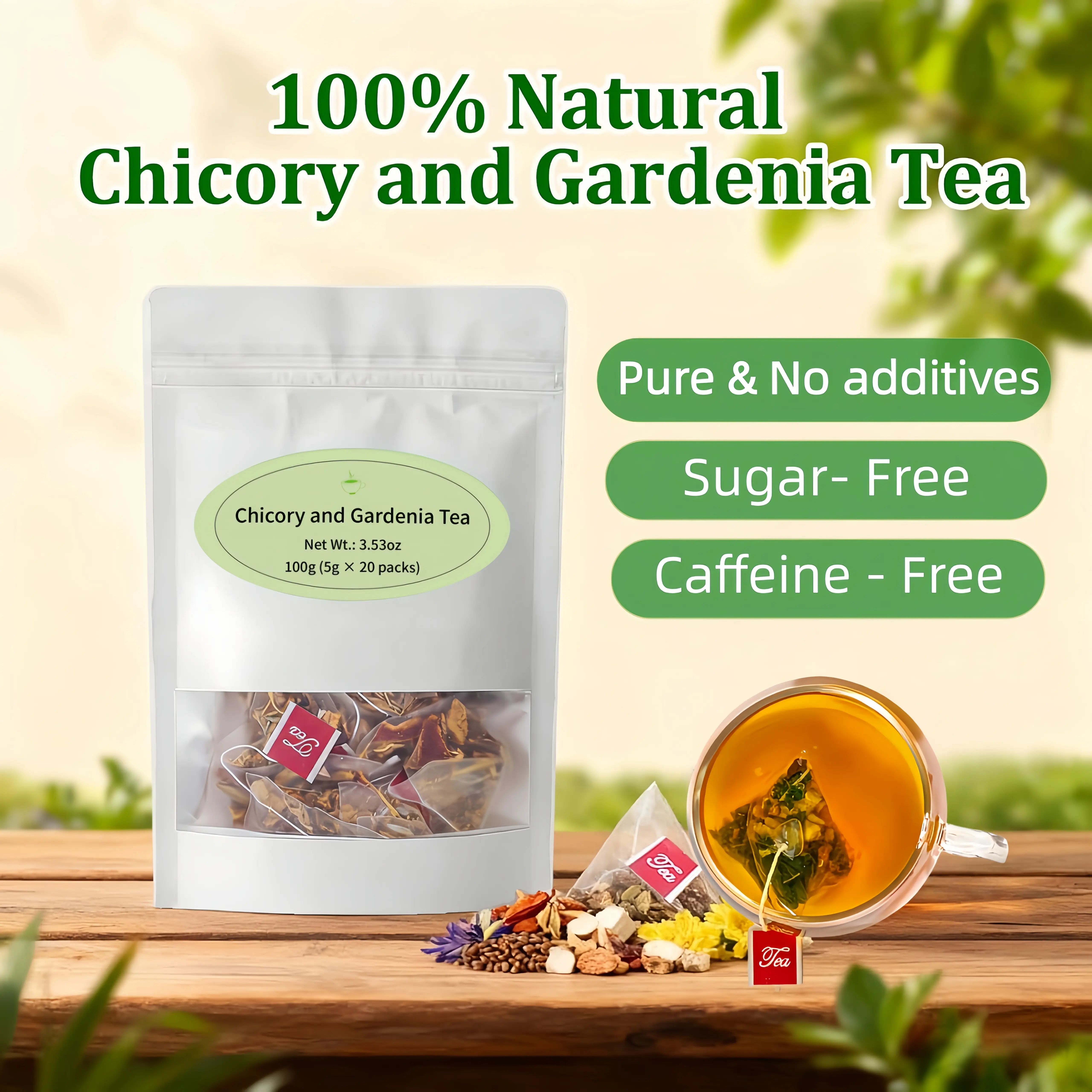 Chicory and Gardenia Herbal Tea Bags – Caffeine Free, Sugar Free Botanical Tea with Chicory, Gardenia, Licorice - 20 Tea Bags Healthy Nature Beverage