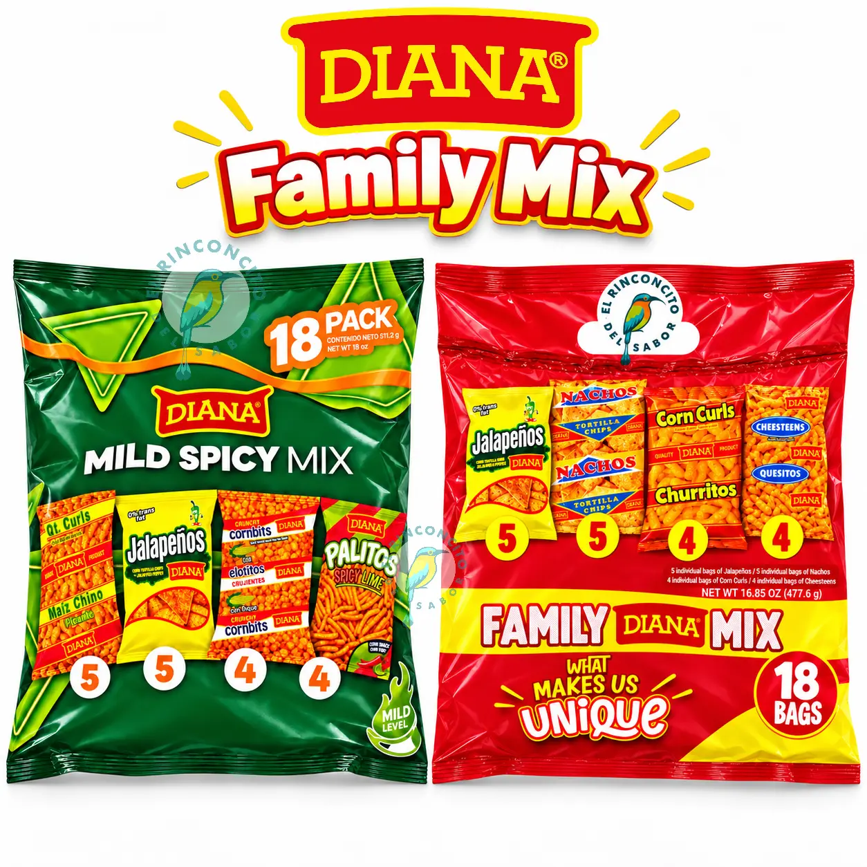 Diana 18-Count Variety Snack Boxes - Crispy Salvadoran Corn Snacks, Central American Chips Including Elotito, Maiz Chino, Palitos, Jalapeños, Nachos, Churritos, Quesitos
