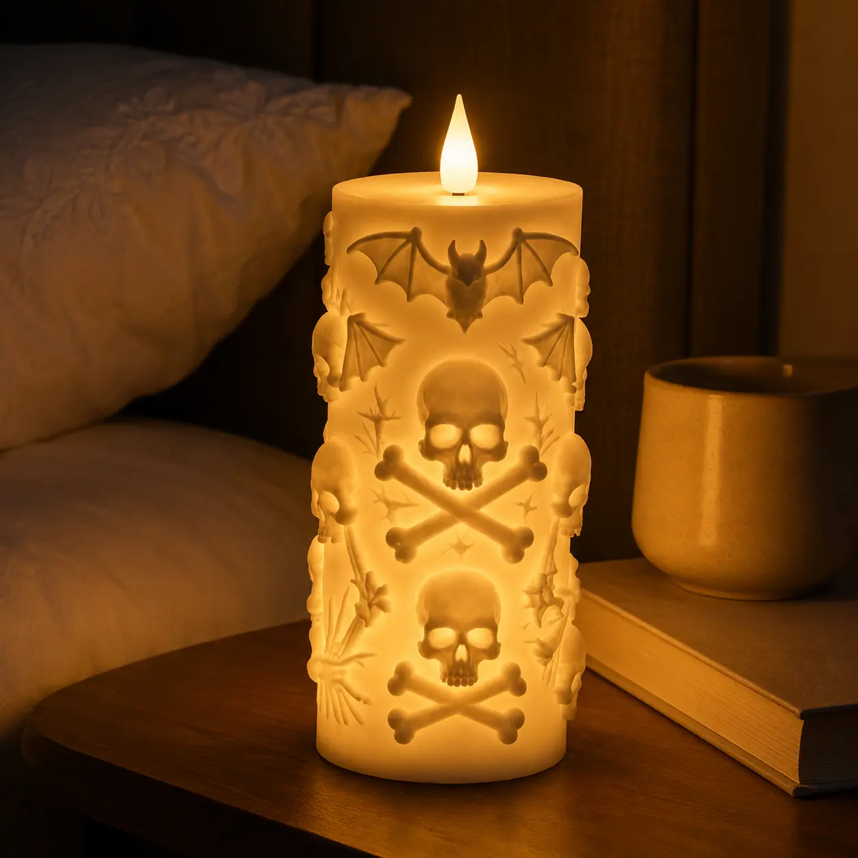 Customizable Halloween Flameless Pillar Candle, 3D Skull & Bat Gothic LED Candle, White or Beige Spooky Table Decor for Home Party Gift