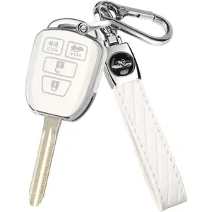 for Toyota Key Fob Cover with Metal Key Chain, Silver Edge Soft TPU Key Fob Shell Case for 2012-2019 Camry Corolla Tacoma, White
