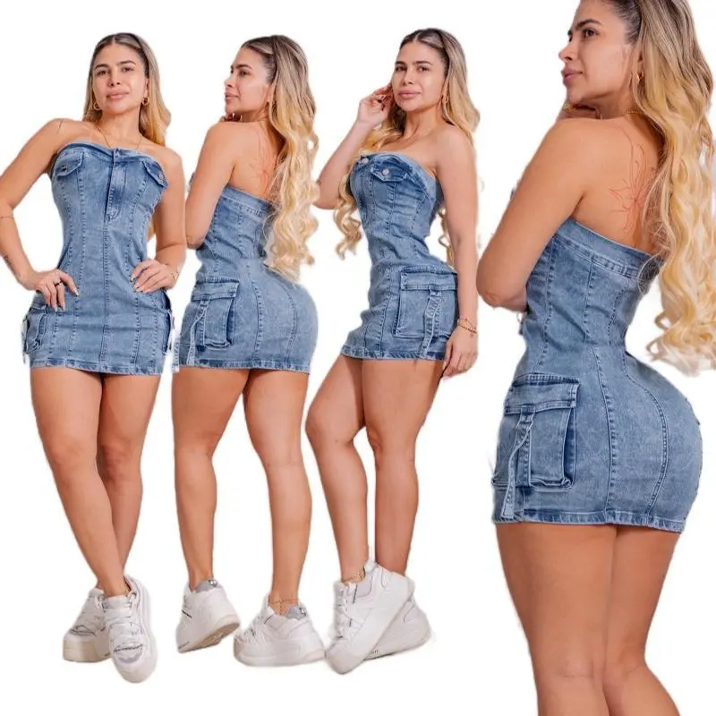 K4400  Women's Casual Strapless Cargo Mini Dress , High-Stretch Light Wash Denim, Womenswear