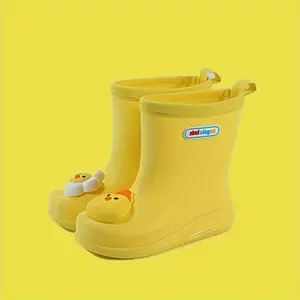 Big-Eyed Duckling Rain Boots - High Quality Non-Slip Slip-On Ankle Boots with Cute Cartoon Pattern, Durable PVC & Soft Fabric Lining for Spring/Summer Outdoor Play (Yellow & Pink), Slipresistant Footwear, Girls Boots