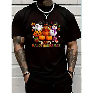 100% Cotton Happy Hallothanksmas Halloween Thanksgiving Christmas squad T-Shirt Unisex Premium Soft Comfort Crew Tee Undershirts Plus Size Oversized T-Shirt