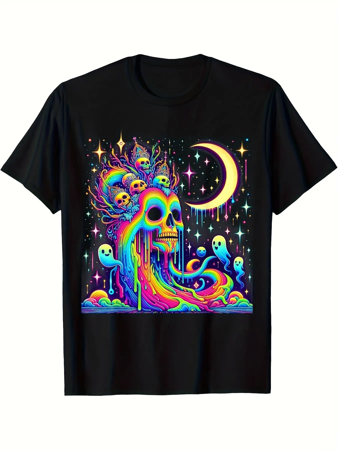 Men's & Women's Trippy Rainbow Melting Skull Psychedelic T-Shirt - Black with Neon Green Retro Festival Tee, 220GSM Pure Cotton for raves, halloween Parties, Casual Wear - Unisex Graphic Shirt