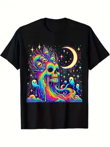 Men's & Women's Trippy Rainbow Melting Skull Psychedelic T-Shirt - Black with Neon Green Retro Festival Tee, 220GSM Pure Cotton for raves, halloween Parties, Casual Wear - Unisex Graphic Shirt