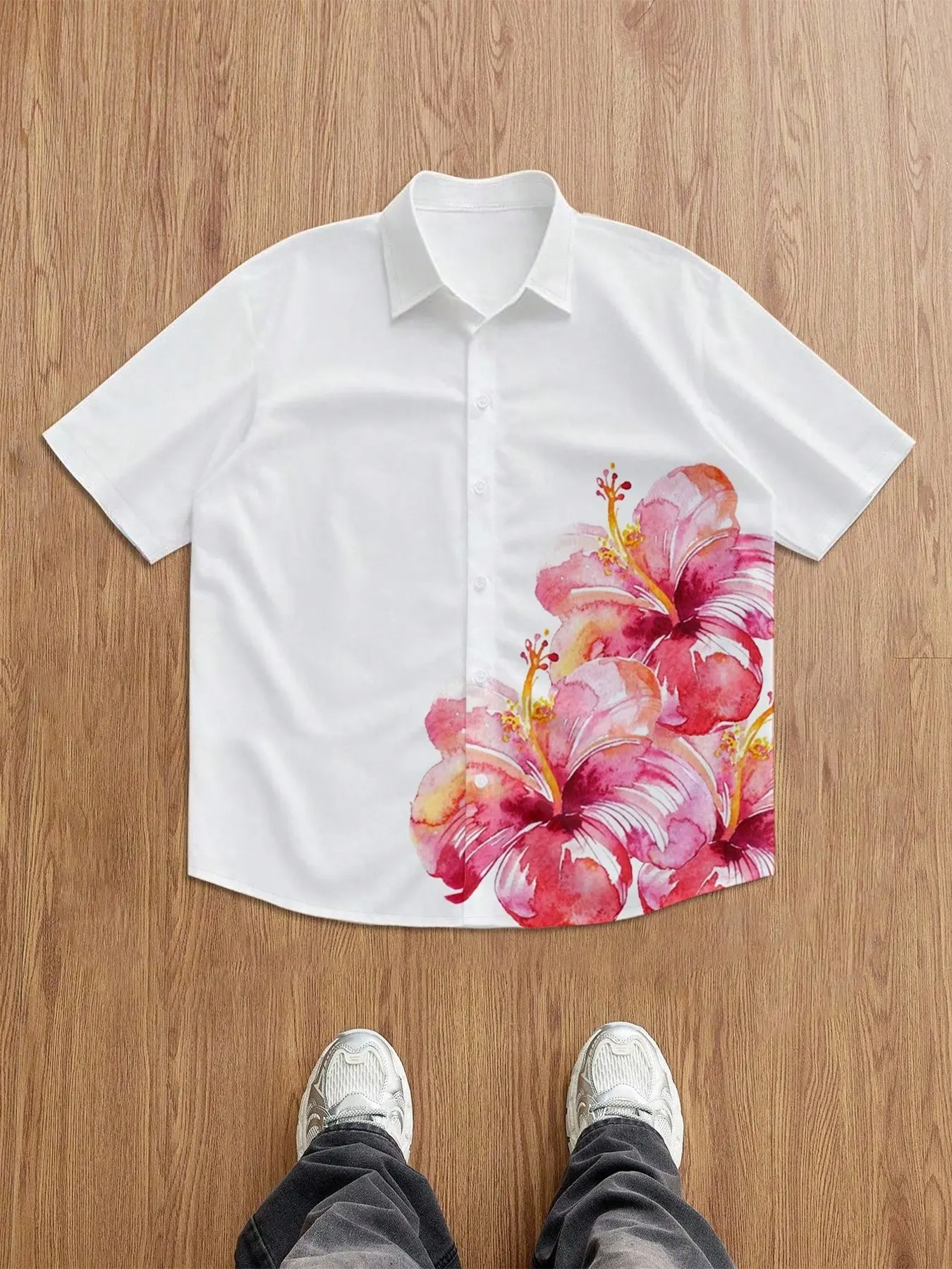 Men's Hawaiian Tropical Style Hibiscus Floral Print Short Sleeve Button Shirt, Summer Beach Vacation Casual Loose Fit Collar Top, Daily Wear Upper Garment, Casual Collared Shirt