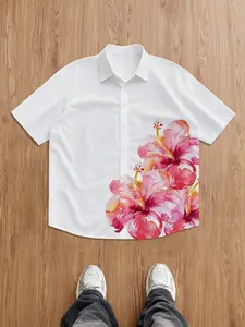 Men's Hawaiian Style Hibiscus Print Short Sleeve Button Shirt, Summer Beach Vacation Casual Loose Fit Collar Top, Daily Wear Upper Garment