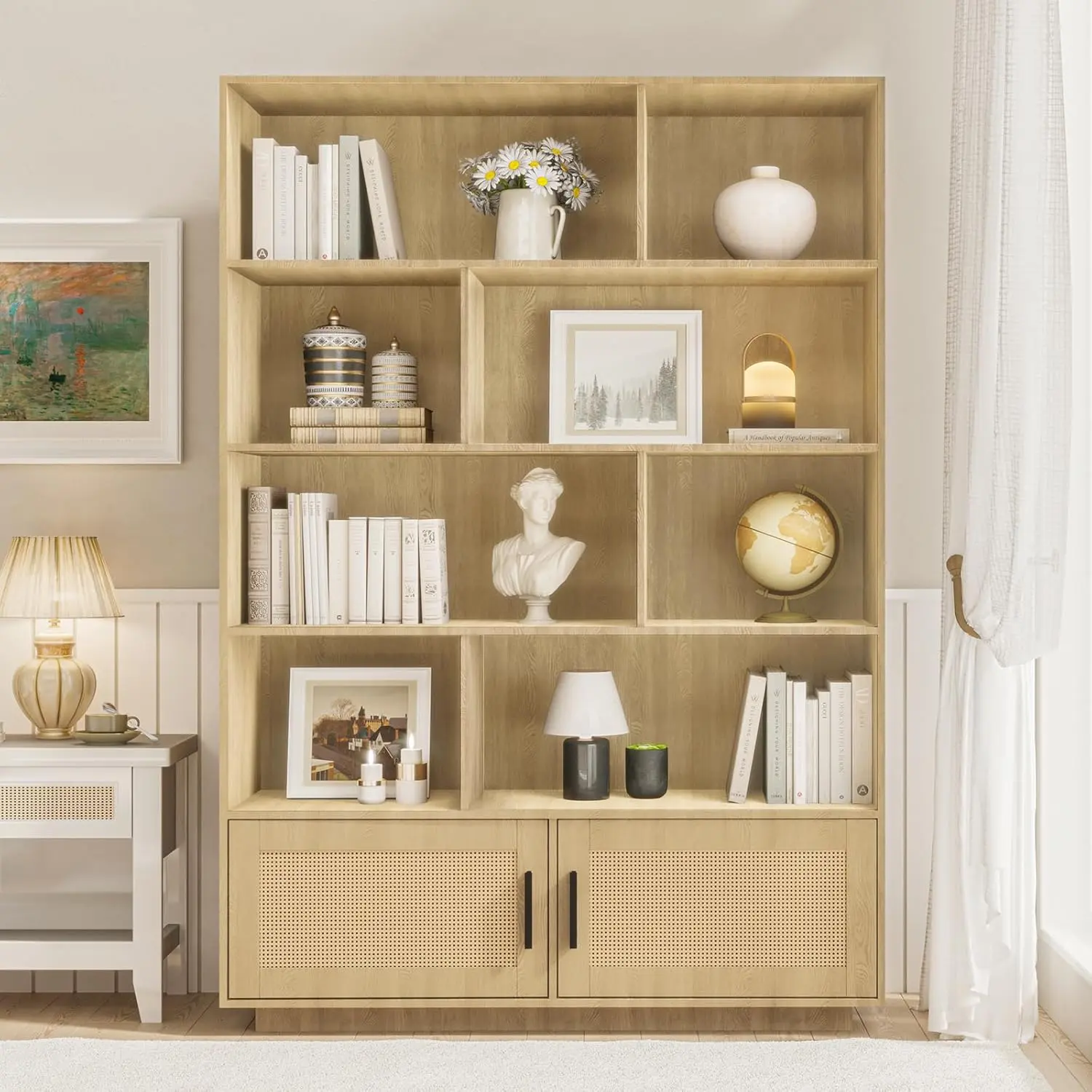 5 Tier Bookshelf, Boho Bookcase with Rattan Doors, Wooden Bookcase and Bookshelf with Storage, Tall Book Stand, Large Bookshelf for Living Room, Bedroom, Home Office, Kitchen