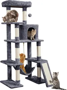 Yaheetech 63in Large Cat Tree for Heavy Cats up to 22lbs, Anti-Wobble Tower with Condo & Hammock, Space-Saving for Indoor Multi-Pet Households, Stops Furniture Scratching