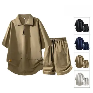 Men’s American workwear set for summer—casual, premium look with a bad‑boy vibe for outdoor sports. Heavyweight solid‑color two‑piece set that’s stylish and versatile; clean, minimalist design featuring a collared zip‑pocket top and drawstring shorts. sum