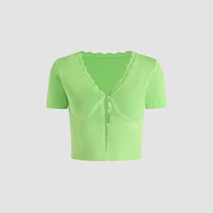 Cider Solid Lace Patchy Knit Crop Top