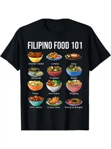 Philippine Food 101 Pattern Men's Summer Casual T-Shirt, comfortable and breathable, soft and slightly stretchy, street hip-hop style, 100% pure cotton, suitable for all seasons, personalized unisex top, 220g regular fit.