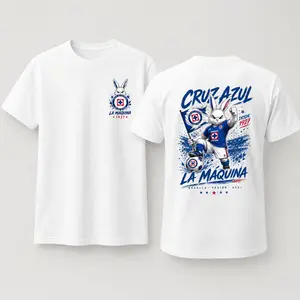 Women's Cruz Azul La Máquina Cotton Graphic T-Shirt - White Casual Classic Fabric Tee, Rabbit Mascot Flag Back Print, 1927 Club Supporter Unisex Menswear Match Day Gift