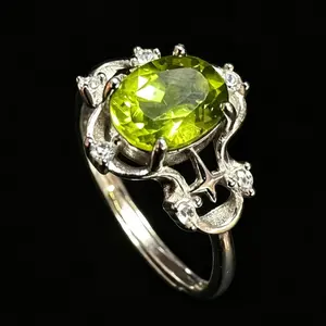 August Birthstone Natural Crystal Peridot S925 Silver Statement Ring Valentines Gift , Gift for Wedding/Birthday/Mother'sDay/Christmas