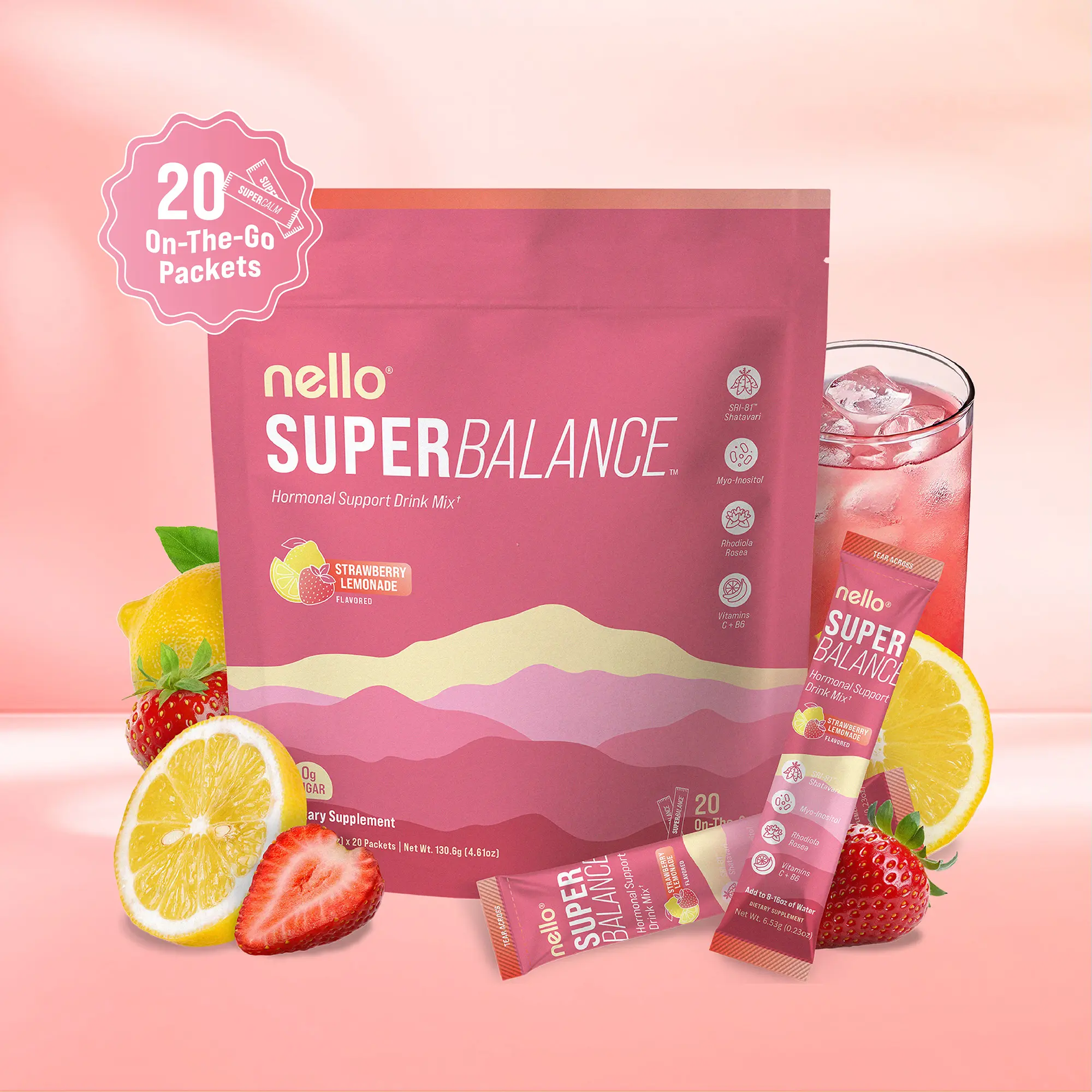 Nello Superbalance Hormonal Support Drink Mix, 20 Travel Packets, SRI-81 Shatavari, Myo-Inositol, Rhodiola Rosea, Vitamin C, Magnesium, Theobromine, Vitamin B6/C