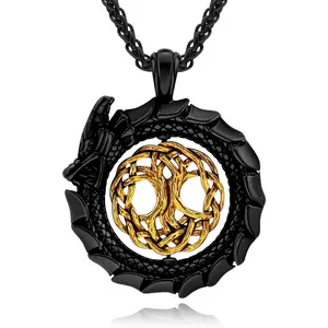 Necklace 18K Gold Plated/Black Metal/Stainless Steel Norse Viking Dragon Pendant Necklace, Retro Viking Jewelry Gift for Men and Women with Gift Box