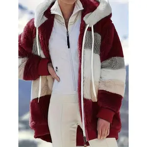 Color Block Fuzzy Hooded Coat, Casual Long Sleeve Winter Warm Outerwear, Women's Clothing