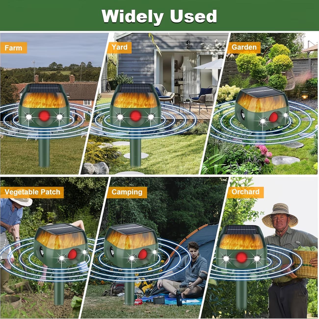 2026 Upgraded Solar-Powered Animal Repeller with Soundwave technology Flame Light & Motion Sensor - 360° Infrared Sensing, 5 Modes, Dog & Wildlife Deterrent for Birds, Skunks, Rabbits, Squirrels, Deer, Soundwave technology Solar Animal Repellent