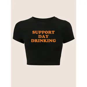 Summer Short Sleeve Cropped T-Shirt - Short Round Neck Casual Fitted Top with - Letter Print (Full Alphabet), Non- Short Sleeve Tee for Layering, Machine Washable for Casual & Semi-formal Wear - Non- Short