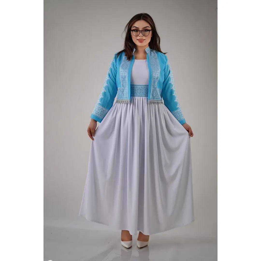 Afghan New Design Dress - Elegant Women's Embroidered Dress W14 in Cyan Color with High-Quality Embroidery and Best Material Quality