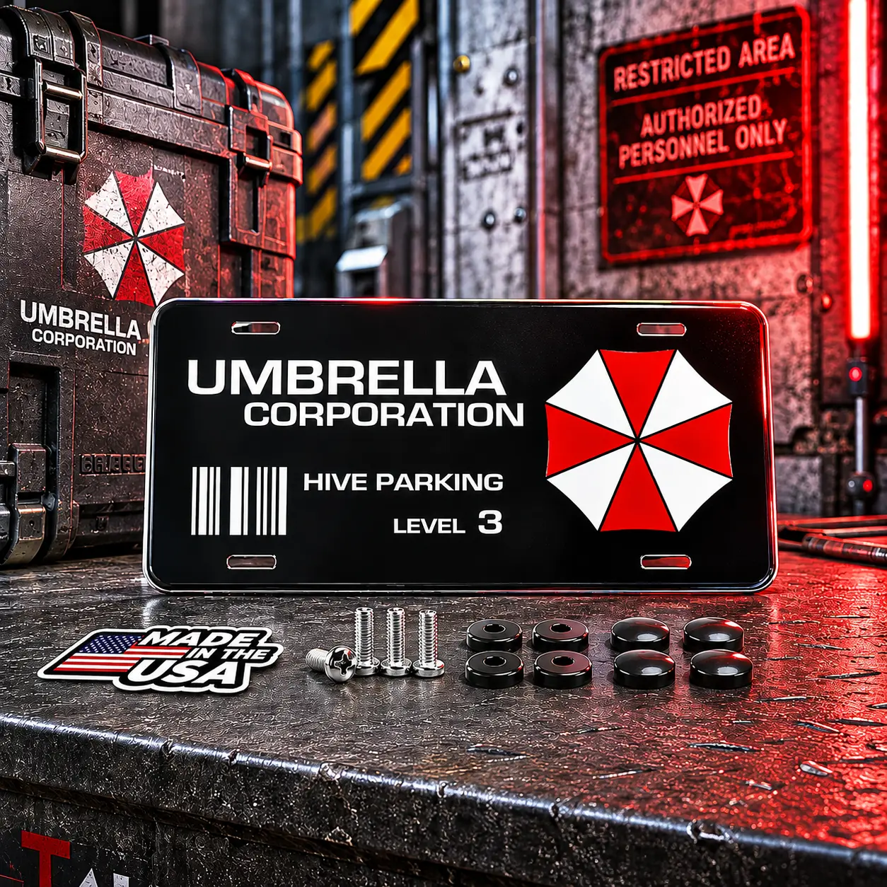 Umbrella Corporation / Zombie Metal (Aluminum) License Plate – US-made, perfect for decorating your favorite vehicle.