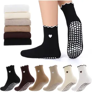 6 Pairs Womem's Yoga Socks,Non Slip Grip Socks Pilates,Ruffle Heart Design Cute Pilates Socks for Women, Grippy Sock for Yoga Barre Hospital spring
