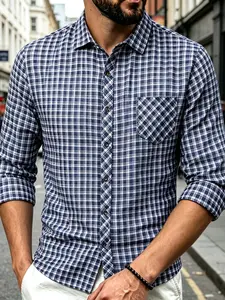 Men's Plaid Checkered Long Sleeve Shirt, Classic Style, Fitted, Button Front, Suitable for Casual or Formal Occasions, Upgrade Your Wardrobe