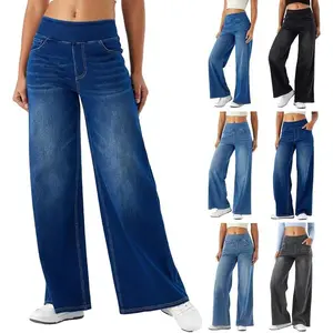 Women’s sweatpants designed to look like jeans — high-waisted, stretchy, pull-on wide-leg pants with pockets
