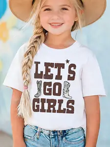 Girls' Western Cowboy Print Short Sleeve Top, Vintage Style, Loose Round Neck, Breathable Fabric, Casual Daily Wear, Multiple Colors Available