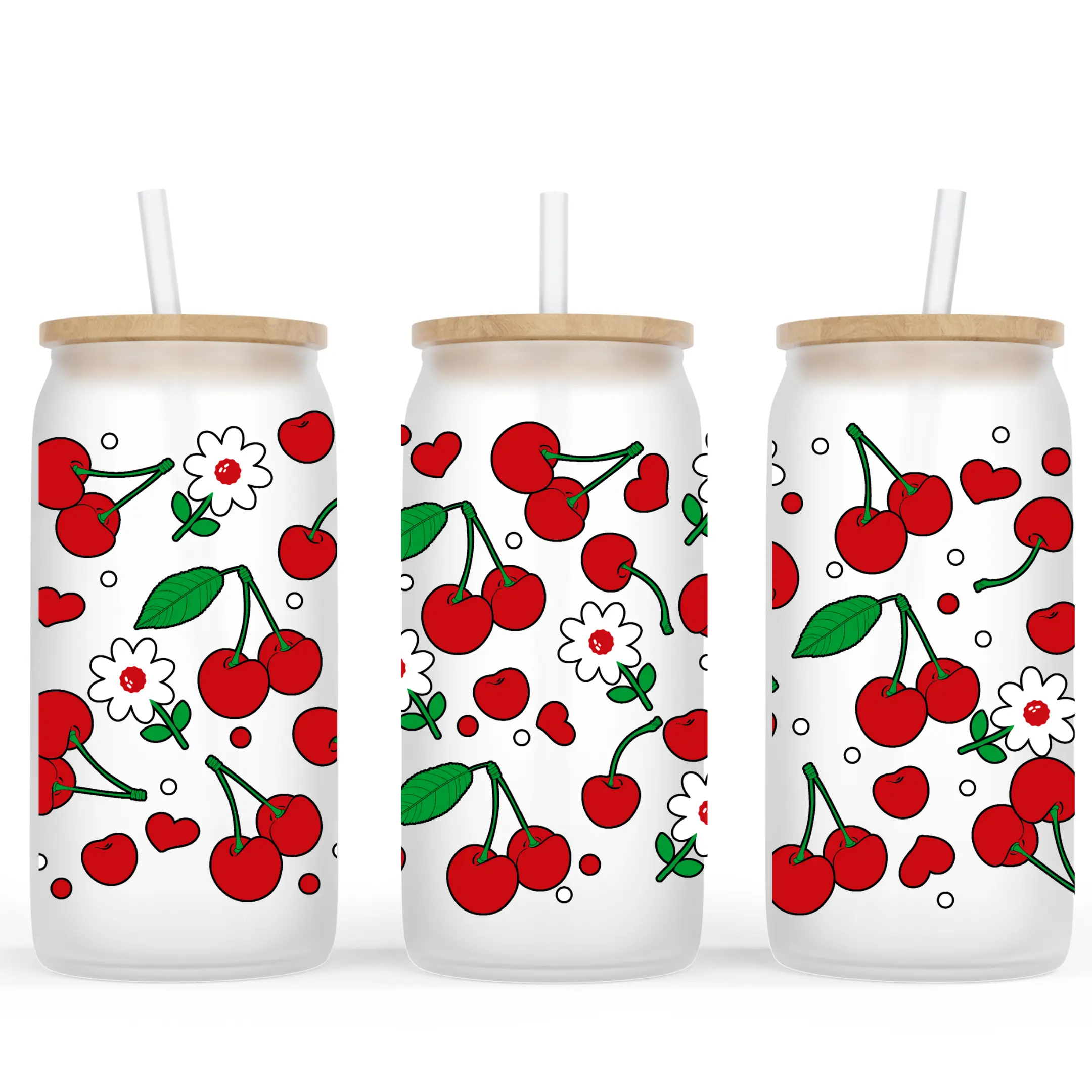Cherry & Flower Frosted Glass Cup (Sizes Available: 16oz & 20oz)