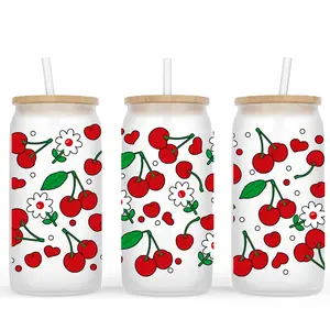 Cherry & Flower Frosted Glass Cup (Sizes Available: 16oz & 20oz)