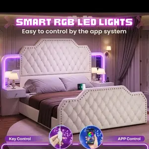 Smart RGB LED Lights Queen Size Platform Bed Frame 53” Tall Headboard with 2 Nightstands & Mirror, Easy to Control by App System