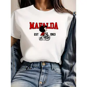 MAEALDA Women's Vintage Graphic T-Shirt - Bright Pink Retro "MAFALDA" Print with Bicycle Design, Relaxed Fit Casual Short Sleeve Top for Spring/Summer, Casual Attire, Machine Washable Clothing, Semitransparent Material