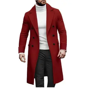 Men’s long wool double-breasted trench coat, casual style outerwear, classic menswear, plain extended length outerwear in red