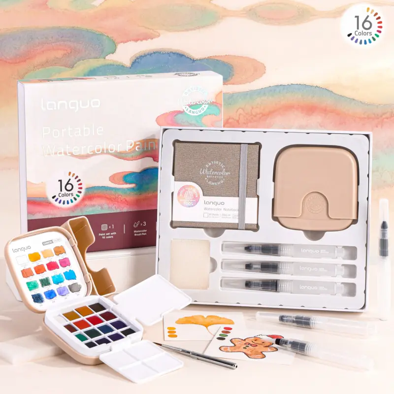 Travel Watercolor Paint Set with Gift Box - 16 Colors with Palette,Portable Watercolor Travel Kit with Brush, Coloring Card, Brush Washing Box for Adults, Artists & Professionals Travel Painting Supplies