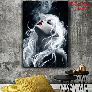 1pc 2D A silver-haired woman is breathing smoke canvas painting wrapped frame art, 16x24 inch wall art print poster ready to hang decoration, modern simple office, living room, bedroom, bathroom decoration. Halloween, Christmas, housewarming gift, pe