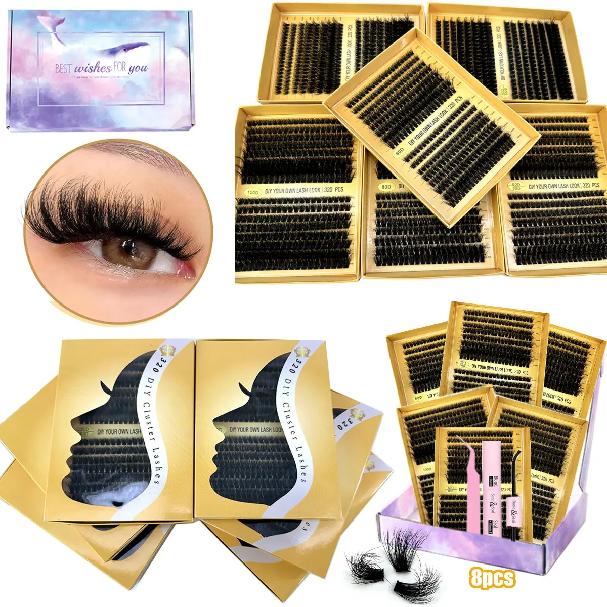 Mixed Length Voluminous False Eyelashes Kit, DIY Lashes Cluster Eyelash Clusters 8 Counts/set Volume Cluster Lashes Fluffy Curling Faux Cluster Lashes with Glue & Tweezers, Eye Makeup Products, Cosmetic Lash Extensions, Volumized False Eyelashes
