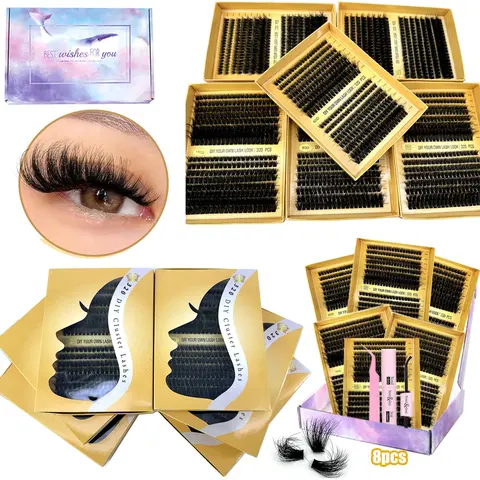 Mixed Length Voluminous False Eyelashes Kit, DIY Lashes Cluster Eyelash Clusters 8 Counts/set Volume Cluster Lashes Fluffy Curling Faux Cluster Lashes with Glue & Tweezers, Eye Makeup Products, Cosmetic Lash Extensions, Volumized False Eyelashes