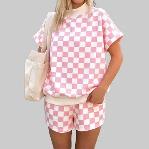 Checkered Print Color Block Trim Mock Neck Short Set - 95% Polyester 5% Elastane Stylish Plaid Pattern Comfortable Fit Clothes