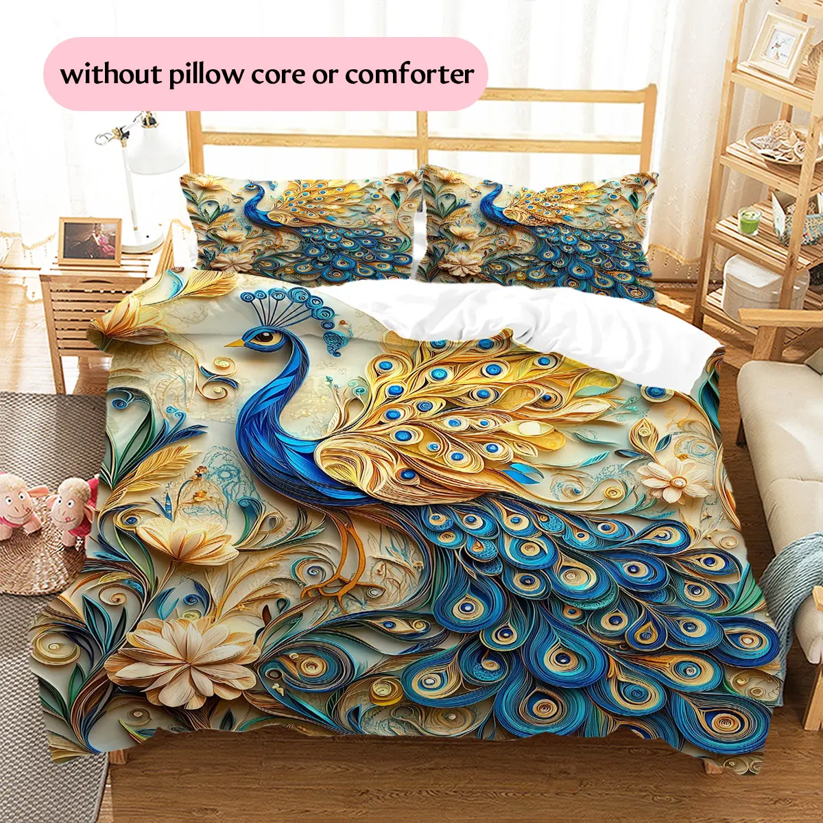 Floral Peacock  Printed bedding set, duvet cover and pillowcases, home decor, Christmas decoration, bedroom decorative duvet cover, Christmas gift, birthday gift (1 * duvet cover + 2 * pillowcases, ins
