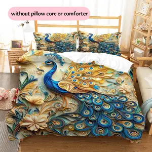 Floral Peacock  Printed bedding set, duvet cover and pillowcases, home decor, Christmas decoration, bedroom decorative duvet cover, Christmas gift, birthday gift (1 * duvet cover + 2 * pillowcases, ins