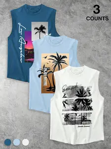 Men's Los Angeles & Seaside Palm Tree Print 3-Pack Tank Tops, Casual Sleeveless Vests, Summer Streetwear #BeachTankTopPack #CaliforniaVibes #3PackTankTops #PalmTreePrint #TikTokMadeMeBuyIt