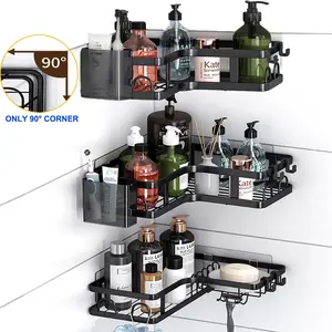 PHANCIR 5 PCS Corner Shower Caddy, No Drilling Stainless Steel Shower Storage Rack with Hooks & Toothpaste Holder for Bathroom, Black