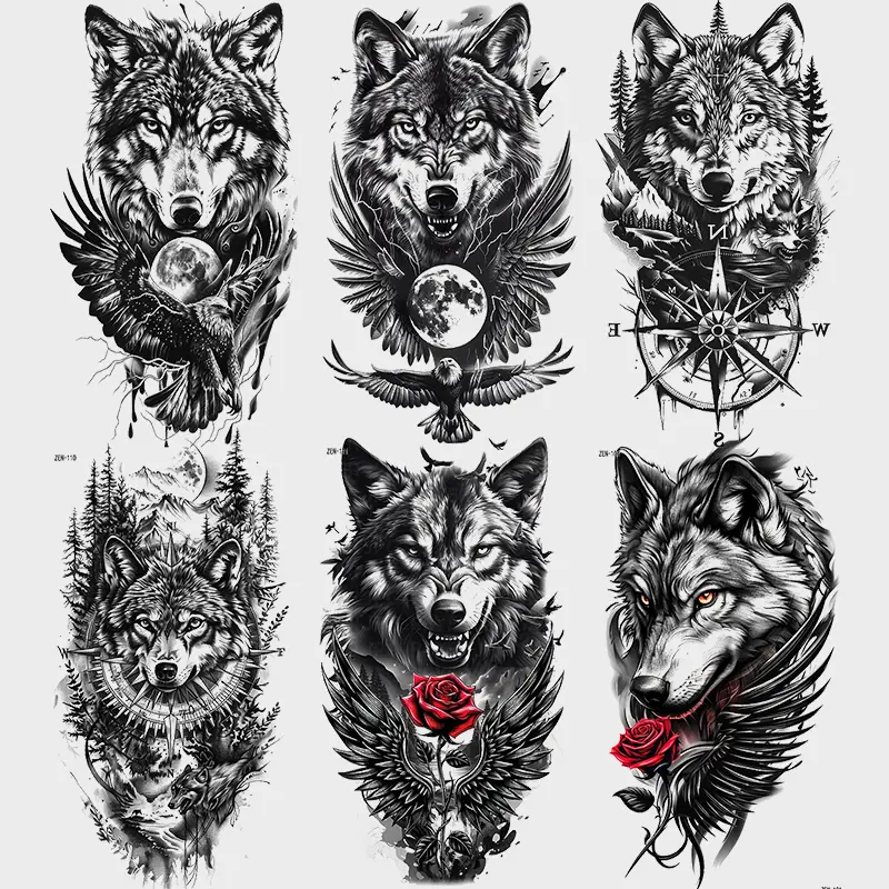6 Sheets Temporary Tattoo Stickers, Wolf Head Design, Realistic Cool Style, Suitable for Adults Men Women Body Art Large Half Arm Fake Tattoos