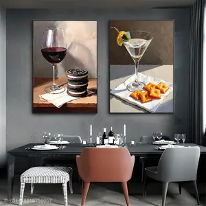 2-piece decorative canvas set for eye-catching home decor drinks, red wine and cookies, delicious food, bar art, restaurant kitchen decoration, Artistic, 2D flat printing frameless painting