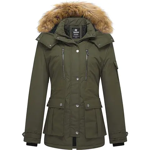 Wantdo Lady's Quilted Insulation Warm Puffer Winter Coat - Thick Long-Sleeve Parka with Detachable Adjustable Hood, 5 Pockets, Durable Outer Shell, Casual Outerwear for Chilly Days, Christmas Gift Idea