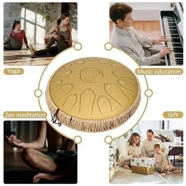 13-Inch Gold Steel Handpan Tongue Drum, 15-Note C Major Key Handpan for Relaxation, Musical Instrument for Toys & Hobbies